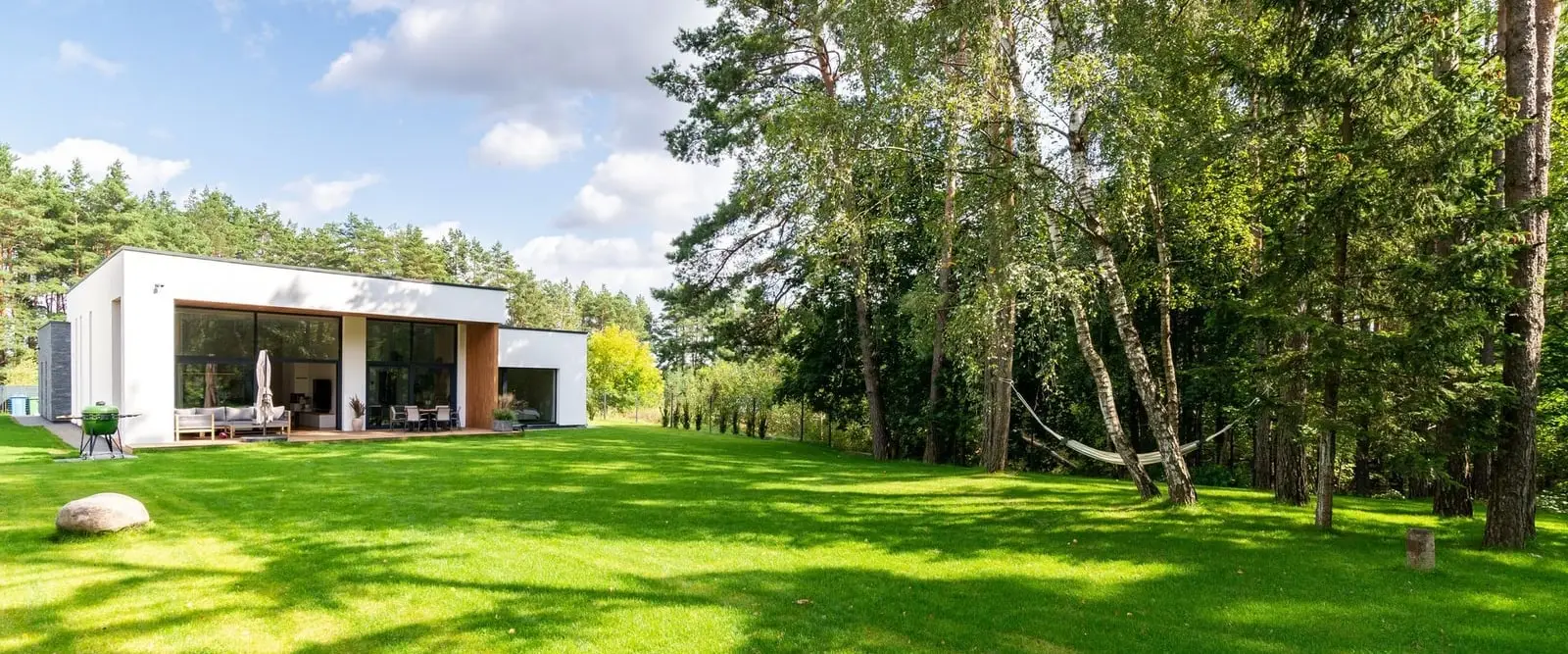 A well-kept house and lawn framed by healthy mature trees after professional tree care